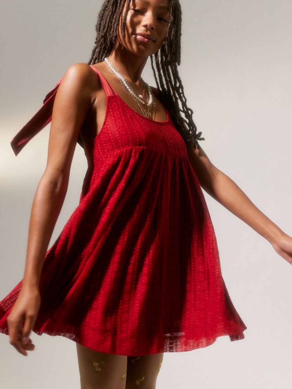 Urban Outfitters Red Lace Tie-Shoulder A-Line Dress